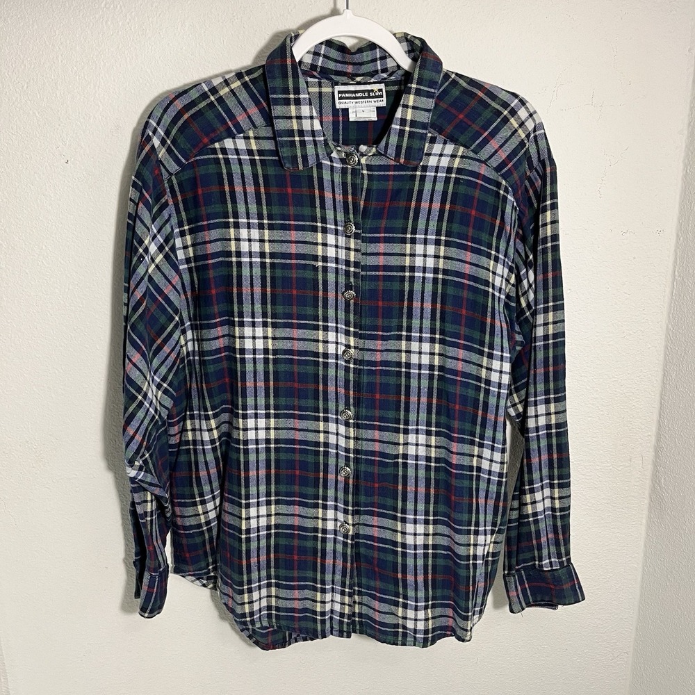 Panhandle Shirt Women's Sz L Green Red  Stripped Long Sleeve Rodeo Metal Button